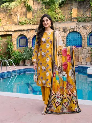 3 Pcs Women's Unstitched Printed linen Suit