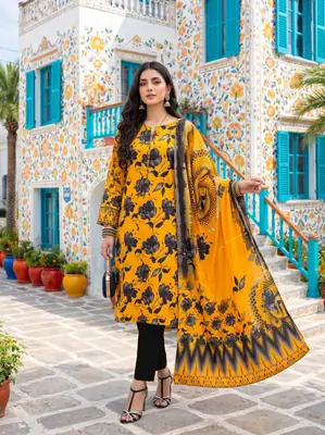 3 Pcs Women's Unstitched Printed linen Suit