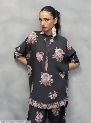 Black Floral Lawn Kurta Set Women Medium to Large