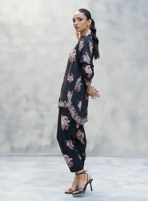 Black Floral Lawn Kurta Set Women Medium to Large thumbnail 2