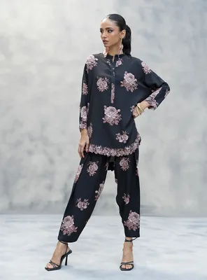 Black Floral Lawn Kurta Set Women Medium to Large thumbnail 3