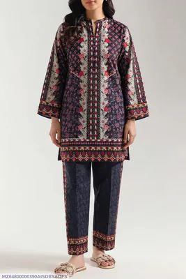 Lawn Printed Ban Collar Shirt & Trouser Set Black