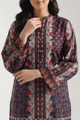 Lawn Printed Ban Collar Shirt & Trouser Set Black thumbnail 2
