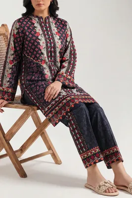 Lawn Printed Ban Collar Shirt & Trouser Set Black thumbnail 3