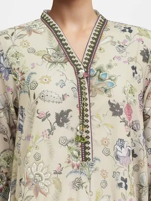 Beige Floral Lawn 2-Piece Kurta Set Medium thumbnail 2
