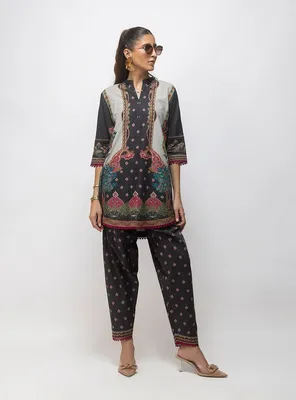 Black Digital Print Ban Collar Lawn 2Pcs Set thumbnail 2