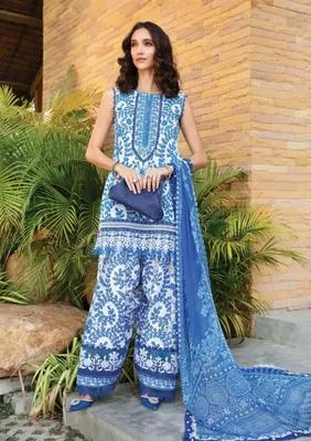 Blue Printed Lawn Shirt & Trouser Set with Chiffon Dupatta thumbnail 2