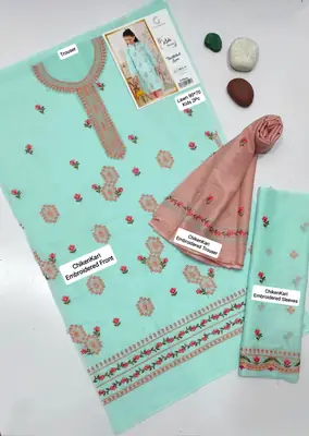 2 Pcs Girl's Lawn Embroidered Unstitched Suit thumbnail 2