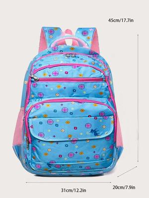 Kids School Backpack Blue Floral Nylon 17" thumbnail 2