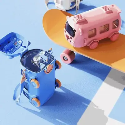 Cute Bus Shape Water Bottle with Straw & Carry Strap 