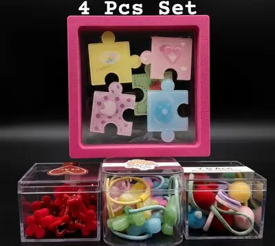 Girls Hair Acessories 4 Pcs Set   Puzzle Clip,Heart Clip,Pony With Ball Design,Pony With Bear Design
