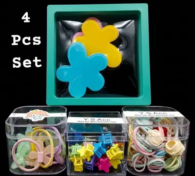 Premium Hair Styling Kit: Flower Design HairTies , Star Design  Clips , Flower Design Clips & Assorted High-Elastic Hair Ties – Pack of 4 Box