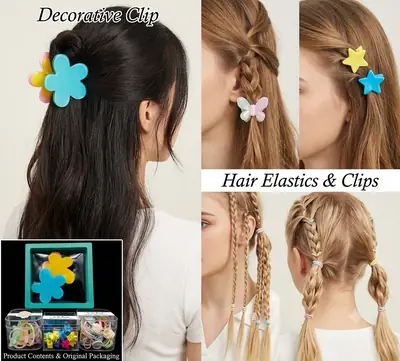 Premium Hair Styling Kit: Flower Design HairTies , Star Design  Clips , Flower Design Clips & Assorted High-Elastic Hair Ties – Pack of 4 Box thumbnail 2