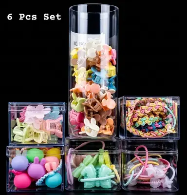 Girls Hair Accessories | Mini Claws | Floral Clips | Playful Bobbles | Durable Braided Elastics | Soft Rubber Bows | Accented Elastics: Pack Of 6 Boxes