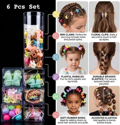 Girls Hair Accessories | Mini Claws | Floral Clips | Playful Bobbles | Durable Braided Elastics | Soft Rubber Bows | Accented Elastics: Pack Of 6 Boxes thumbnail 3