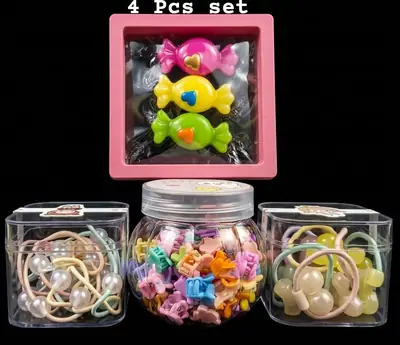4-Piece Premium Hair Accessory Set: Candy-Style Clips, Pearl Elastic Ties,Butterfly Elastic Ties, and Mini Colorful Claw Clips Organizer