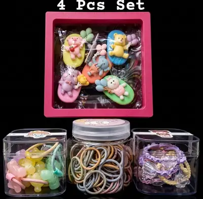 Mixed Hair Accessory Bundle: Mini Gummy Bear Clips, Animal Clips, and Wavy Ties | 4 Pcs Set