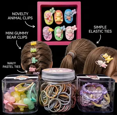 Mixed Hair Accessory Bundle: Mini Gummy Bear Clips, Animal Clips, and Wavy Ties | 4 Pcs Set thumbnail 2