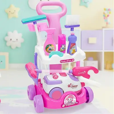 Mini Pretend Play Housekeeping Cleaning Trolley Set for Girls