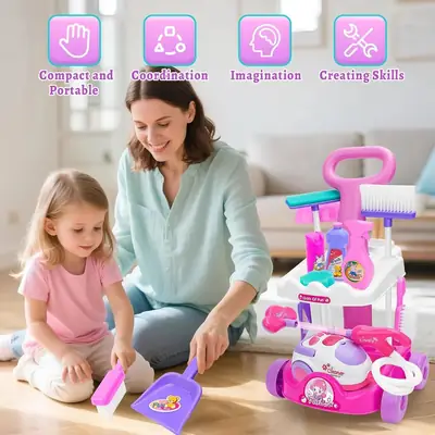 Mini Pretend Play Housekeeping Cleaning Trolley Set for Girls thumbnail 4