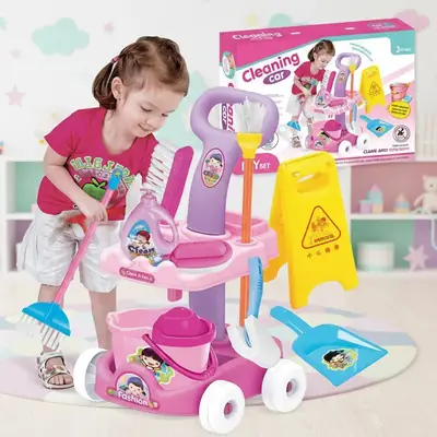 Mini Pretend Play Housekeeping Cleaning Trolley Set for Girls thumbnail 5