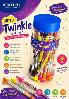 Mercury Brito Twinkle Triangle Graphite Pencils – 36-Piece Fun Design Set with Erasers