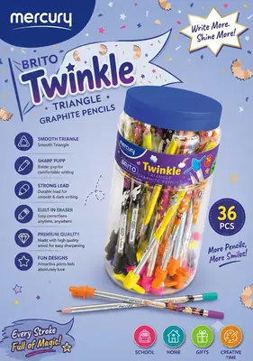 Mercury Brito Twinkle Triangle Graphite Pencils – 36-Piece Fun Design Set with Erasers thumbnail 2
