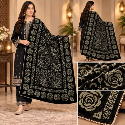 Imported Velvet Shawl - Ready to Wear - Black