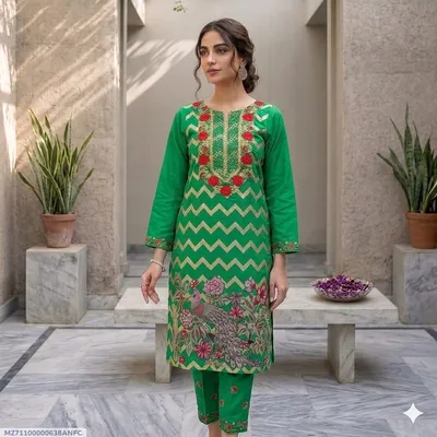 2 Pcs Women's Stitched Arabic Lawn Embroidered Shirt And Trouser
