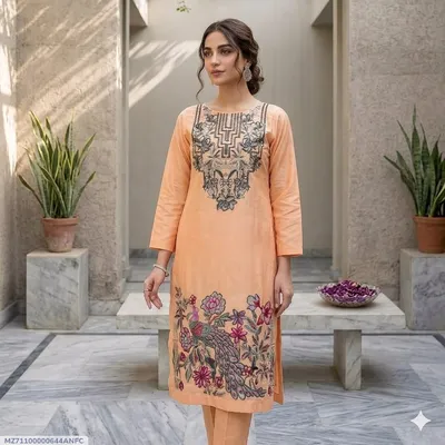 2 Pcs Women's Stitched Lawn Embroidered Shirt And Trouser
