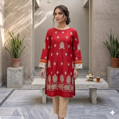 2 Pcs Women's Stitched Arabic Lawn Embroidered Shirt And Trouser