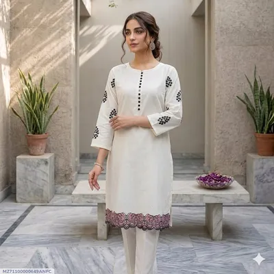 2 Pcs Women's Stitched Lawn Embroidered Shirt And Trouser