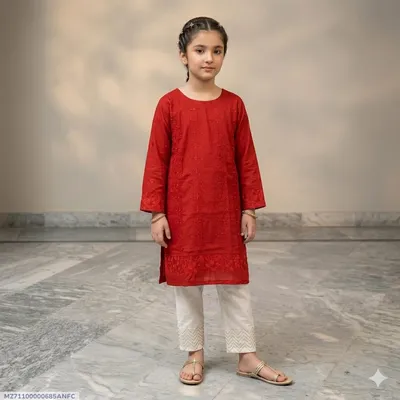 2 Pcs Girl's Arabic Lawn Embroidered Kurta And Pajama