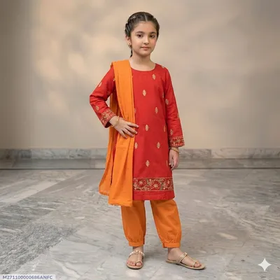 2 Pcs Girl's Arabic Lawn Embroidered Kurta And Pajama