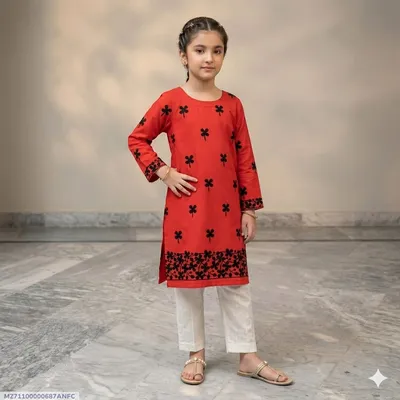 2 Pcs Girl's Arabic Lawn Embroidered Kurta And Pajama