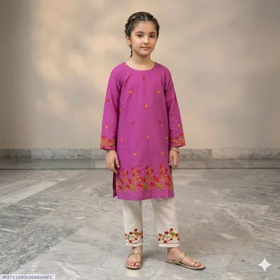 2 Pcs Girl's Arabic Lawn Embroidered Kurta And Pajama