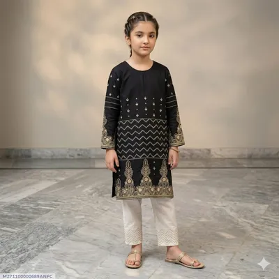 2 Pcs Girl's Arabic Lawn Embroidered Kurta And Pajama