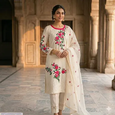 1 Pc Women's Stitched Arabic Lawn Embroidered Shirt thumbnail 1