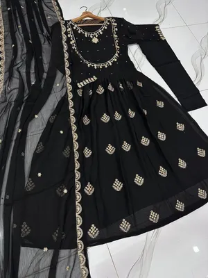 Black Embroidered Chiffon Maxi Set with Trouser & Dupatta thumbnail 2