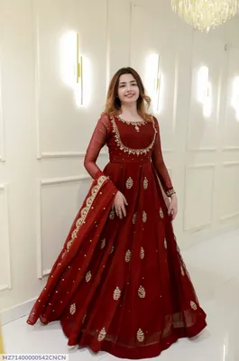 Maroon Embroidered Chiffon Maxi Set 3Pcs with Trouser & Dupatta