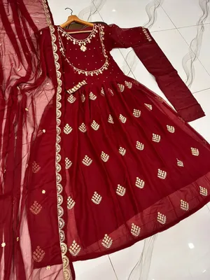 Maroon Embroidered Chiffon Maxi Set 3Pcs with Trouser & Dupatta thumbnail 2