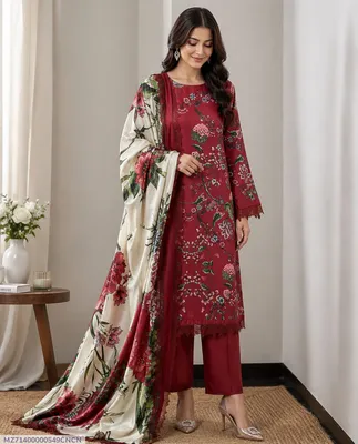 Women Red Digital Print 3Pcs Suit with Silk Dupatta thumbnail 1