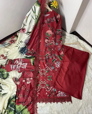 Women Red Digital Print 3Pcs Suit with Silk Dupatta thumbnail 2