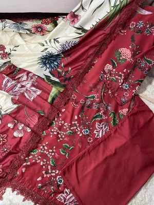 Women Red Digital Print 3Pcs Suit with Silk Dupatta thumbnail 3