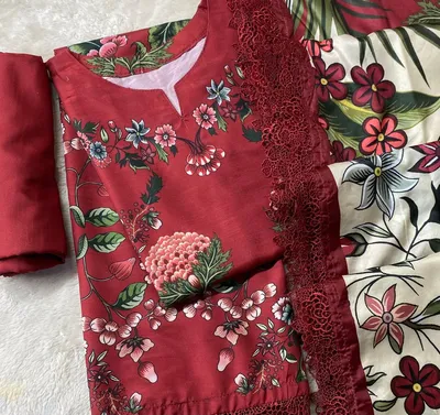 Women Red Digital Print 3Pcs Suit with Silk Dupatta thumbnail 4