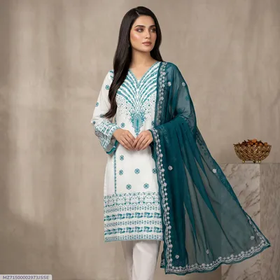 Women's 3-Piece Embroidered Suit White Cotton Lawn thumbnail 1
