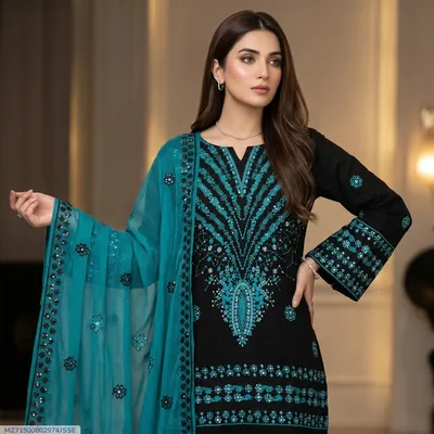 Women's 3-Piece Embroidered Suit Black Chiffon Dupatta thumbnail 1