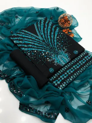 Women's 3-Piece Embroidered Suit Black Chiffon Dupatta thumbnail 2