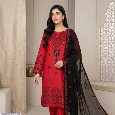 Red Embroidered 3-Piece Women's Suit for Eid Party Wear thumbnail 1