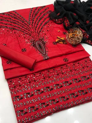 Red Embroidered 3-Piece Women's Suit for Eid Party Wear thumbnail 2